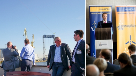 Kończący PONP rejs statkiem „Joanna” po Odrze był świetną okazją do zobaczenia siedziby ST3 Offshore położonej przy Moście Brdowskim. Z prawej strony: Norman Skillen, ekspert w dziedzinie rozwoju biznesu
i konsultingu, dyrektor zarządzający w ST3 Offshore UK Ltd. mówił podczas konferencji o łańcuchach dostaw w branży morskich elektrowni wiatrowych. 