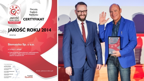 Lesław Siemaszko odbiera godło „Jakość roku 2014” w kategorii „Usługa” za budowę domów jedno- i wielorodzinnych 